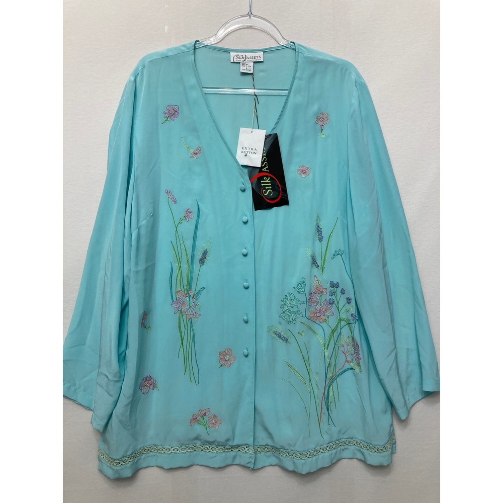 NWT Vintage Silk Assets DVF Blouse‎ Large Turquoise Floral Silk Embroidered Lace